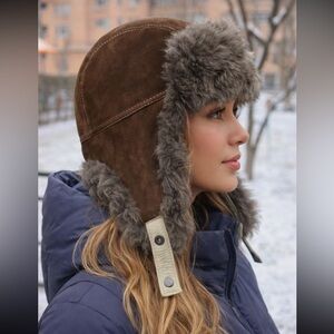 Brown and Gray women Fur Shearling Trapper Winter Hat - Aviator  one size